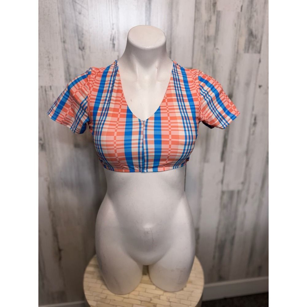 SHEIN Plaid Short Sleeve V-Neck Crop Top Womens S Orange Blue Check Print